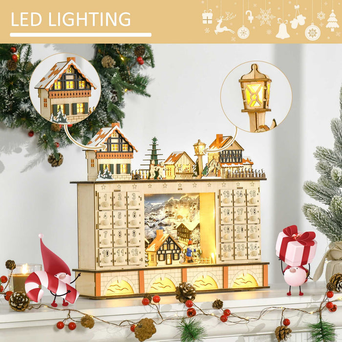 Light Up Wooden Christmas Advent Calendar Village Scene with 24 Fillable Drawers - Monsta Online