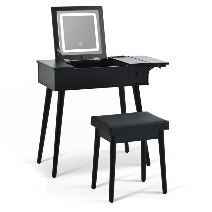 Black Vanity Desk with Flip - Up Lighted Mirror, Charging Station and Cushioned Stool - Monsta Online