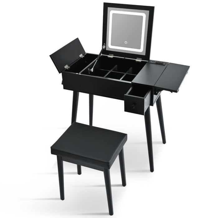 Black Vanity Desk with Flip - Up Lighted Mirror, Charging Station and Cushioned Stool - Monsta Online