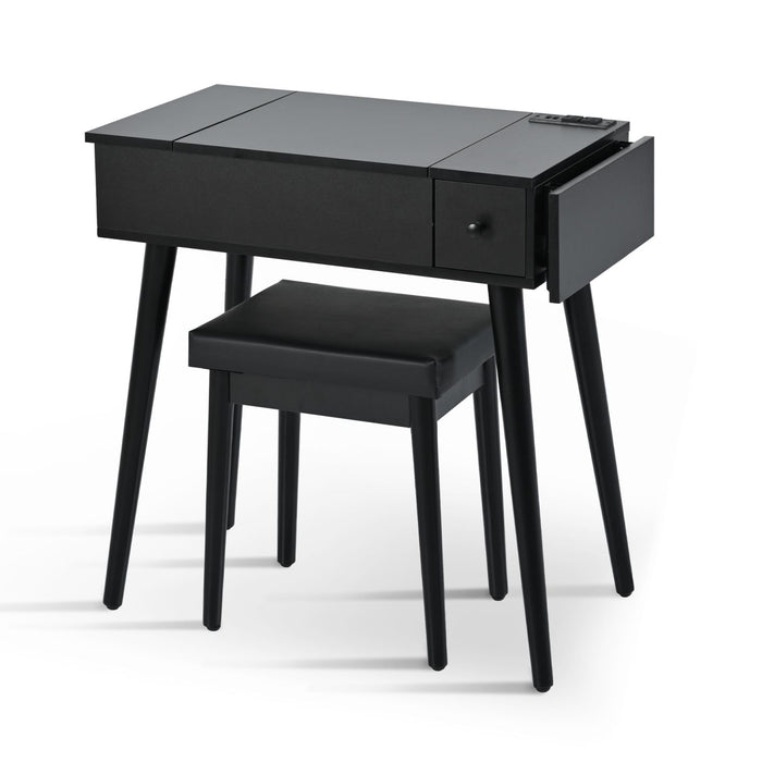 Black Vanity Desk with Flip - Up Lighted Mirror, Charging Station and Cushioned Stool - Monsta Online