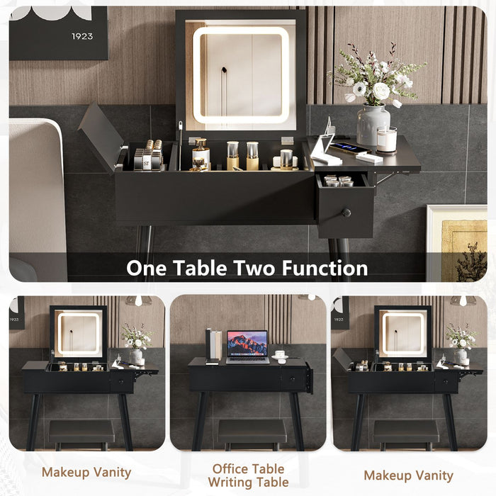 Black Vanity Desk with Flip - Up Lighted Mirror, Charging Station and Cushioned Stool - Monsta Online
