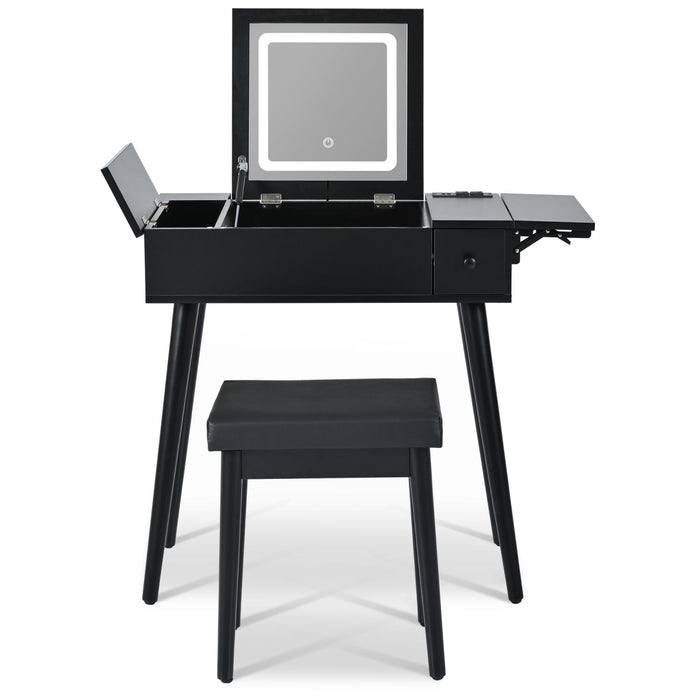 Black Vanity Desk with Flip - Up Lighted Mirror, Charging Station and Cushioned Stool - Monsta Online
