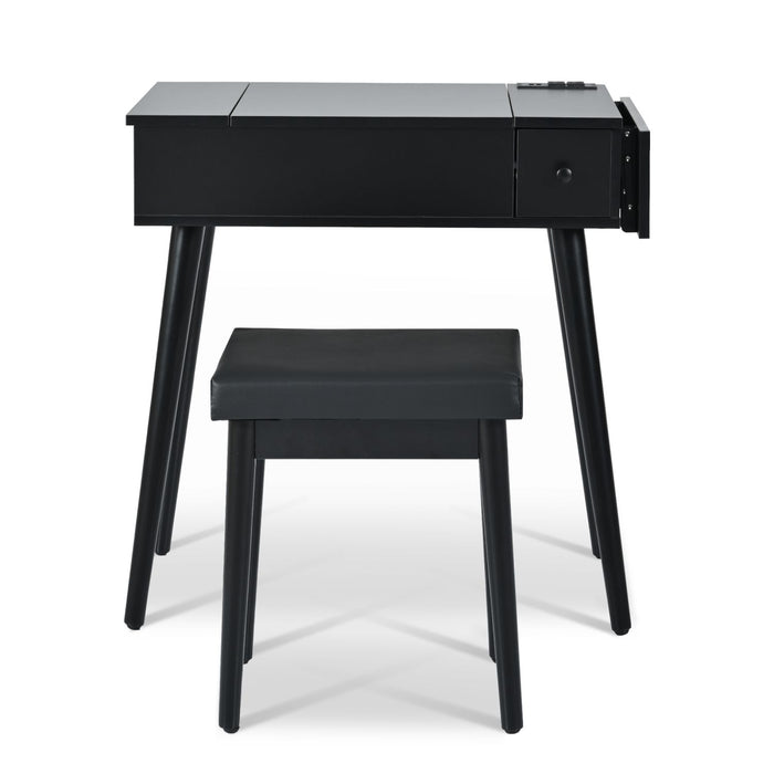 Black Vanity Desk with Flip - Up Lighted Mirror, Charging Station and Cushioned Stool - Monsta Online