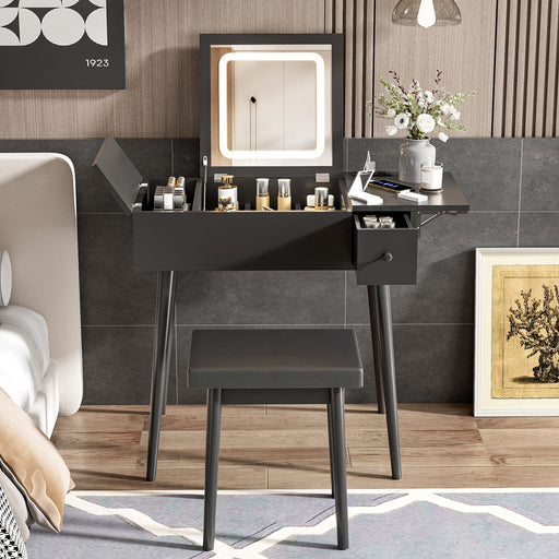 Black Vanity Desk with Flip - Up Lighted Mirror, Charging Station and Cushioned Stool - Monsta Online