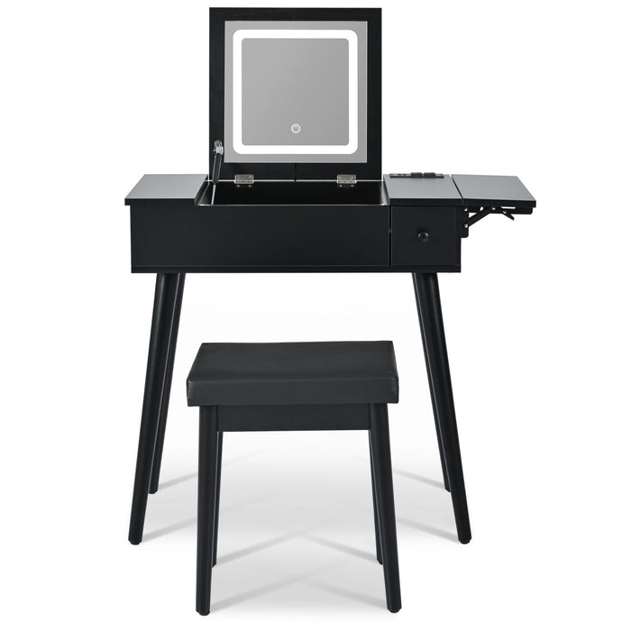 Black Vanity Desk with Flip - Up Lighted Mirror, Charging Station and Cushioned Stool - Monsta Online