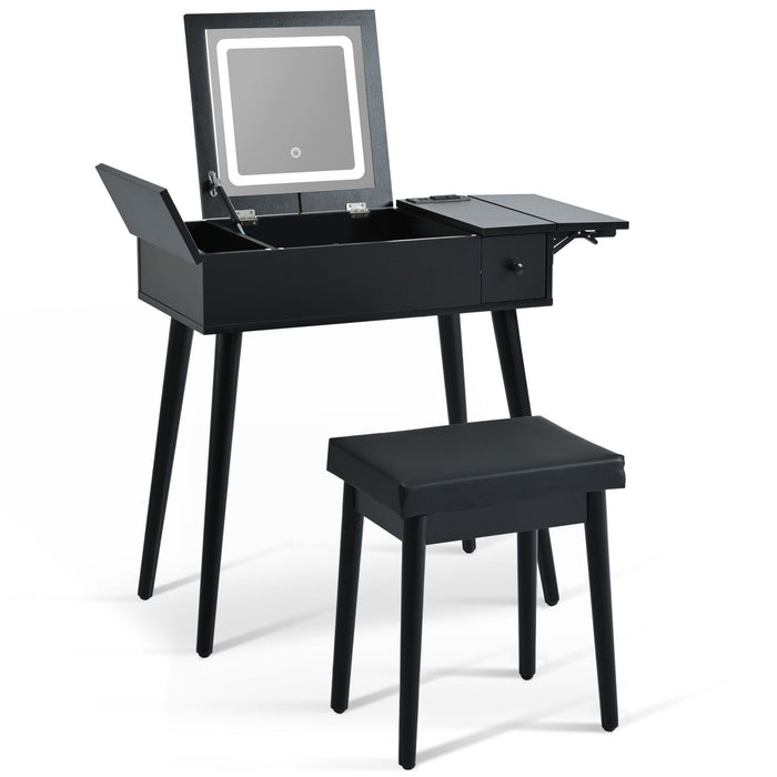 Black Vanity Desk with Flip - Up Lighted Mirror, Charging Station and Cushioned Stool - Monsta Online