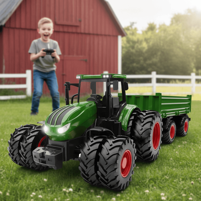 Premium 8 - Wheel RC Tractor Set with Trailer & Front Loader – Metal Head Farm Truck with Lights for Kids - Monsta Online