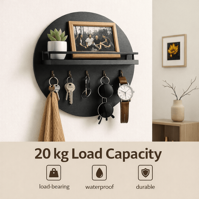 Round Wooden Key Holder – Eco - Friendly Wall Organizer with Hooks & Shelf for Entryway - Monsta Online