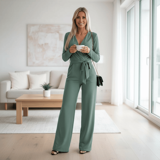 Jennive Wide - Leg Jumpsuit – Women's Elegant Wrap V - Neck Tie Waist Jumpsuit - Monsta Online