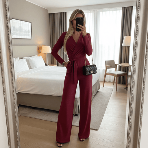 Jennive Wide - Leg Jumpsuit – Women's Elegant Wrap V - Neck Tie Waist Jumpsuit - Monsta Online