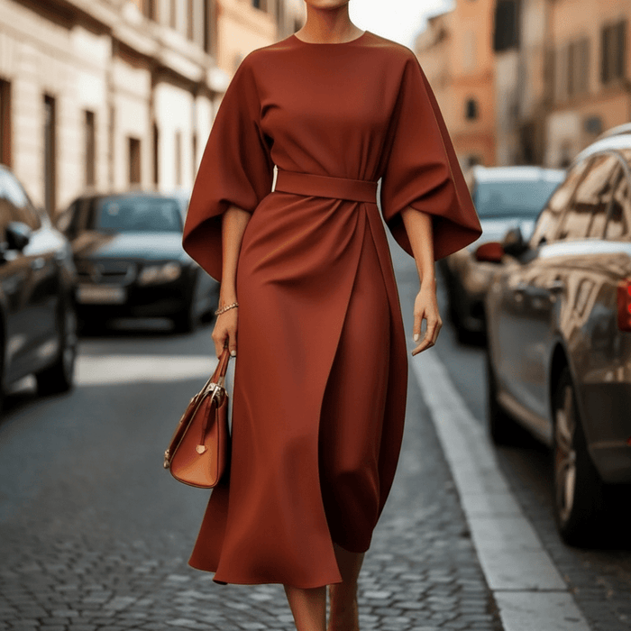 Jastin Lantern Sleeve Dress – Women's Elegant Belted Midi Dress - Monsta Online