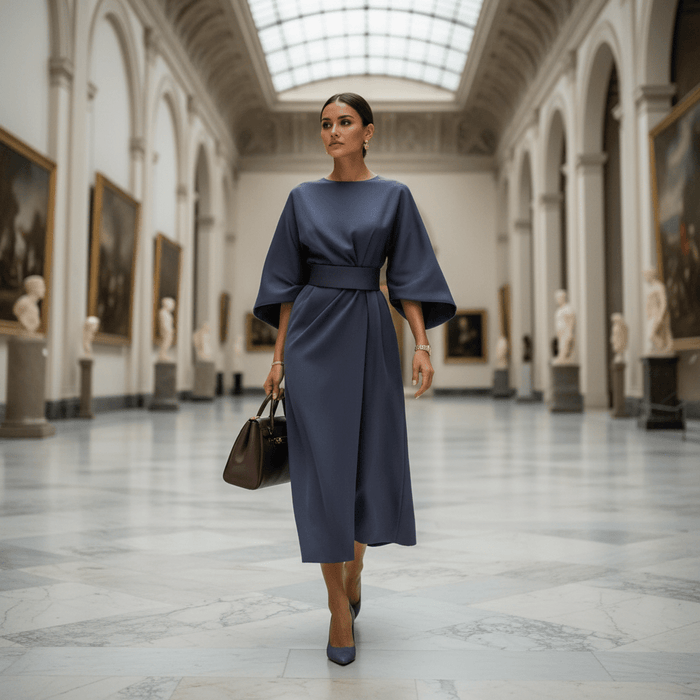 Jastin Lantern Sleeve Dress – Women's Elegant Belted Midi Dress - Monsta Online