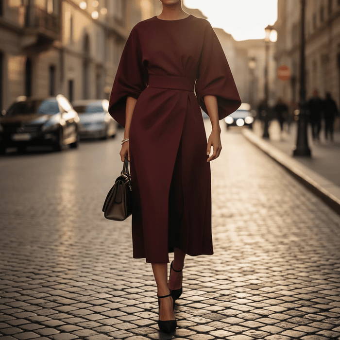 Jastin Lantern Sleeve Dress – Women's Elegant Belted Midi Dress - Monsta Online
