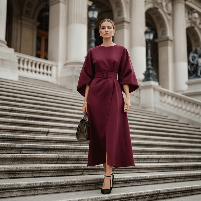 Jastin Lantern Sleeve Dress – Women's Elegant Belted Midi Dress - Monsta Online