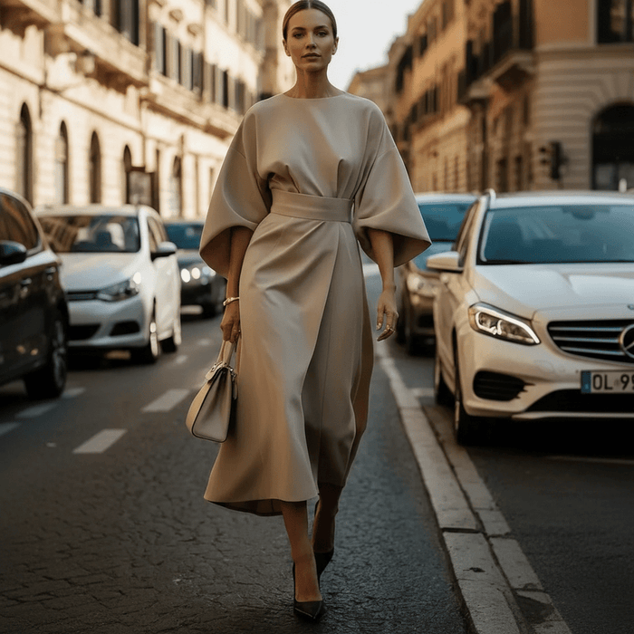 Jastin Lantern Sleeve Dress – Women's Elegant Belted Midi Dress - Monsta Online