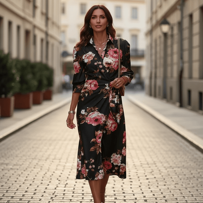 Vespera Wrap Dress – Women's Printed V - Neck Tie Waist Flowy Dress - Monsta Online
