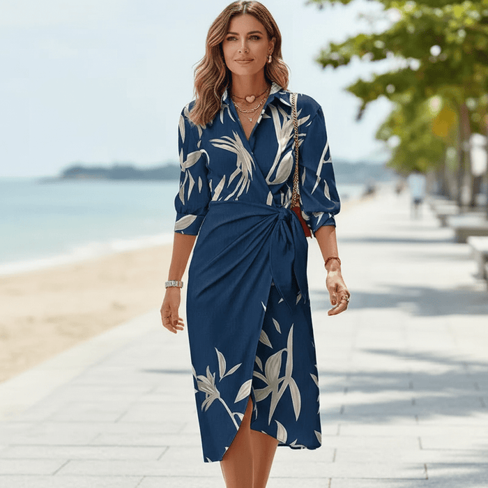 Vespera Wrap Dress – Women's Printed V - Neck Tie Waist Flowy Dress - Monsta Online