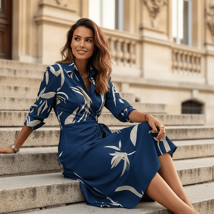 Vespera Wrap Dress – Women's Printed V - Neck Tie Waist Flowy Dress - Monsta Online