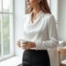 Rosita Satin Blouse – Women's Draped Neck Long Sleeve Silky Blouse - Monsta Online