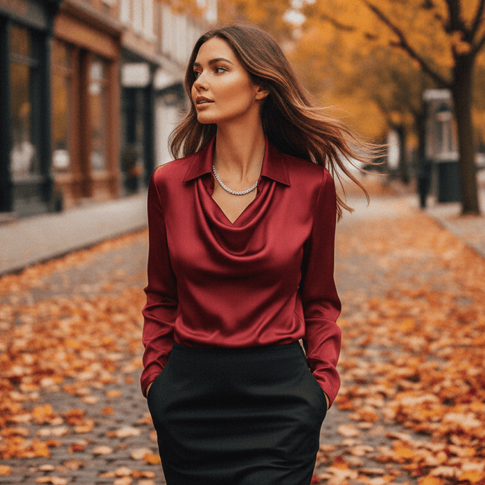 Rosita Satin Blouse – Women's Draped Neck Long Sleeve Silky Blouse - Monsta Online