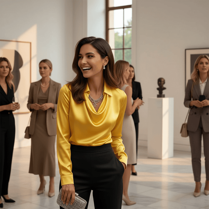 Rosita Satin Blouse – Women's Draped Neck Long Sleeve Silky Blouse - Monsta Online