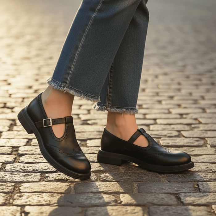 Emiliana T - Strap Leather Shoes – Women's Classic Buckle T - Strap Shoes - Monsta Online