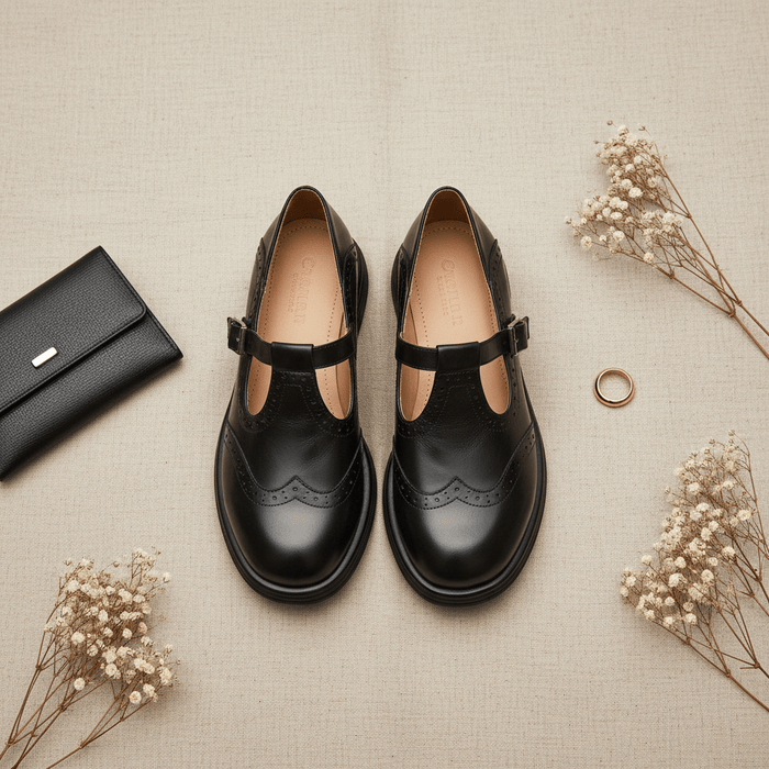 Emiliana T - Strap Leather Shoes – Women's Classic Buckle T - Strap Shoes - Monsta Online