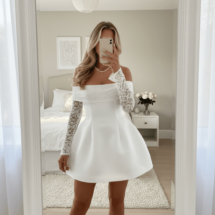 Mango Off - Shoulder Lace Dress – Women's Short Lace Sleeve Flared Mini Dress - Monsta Online