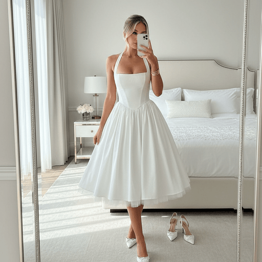 Aurelis Halter - Neck Dress – Women's Elegant Structured Flared Midi Dress - Monsta Online