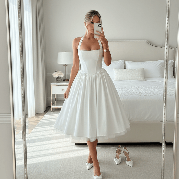 Aurelis Halter - Neck Dress – Women's Elegant Structured Flared Midi Dress - Monsta Online