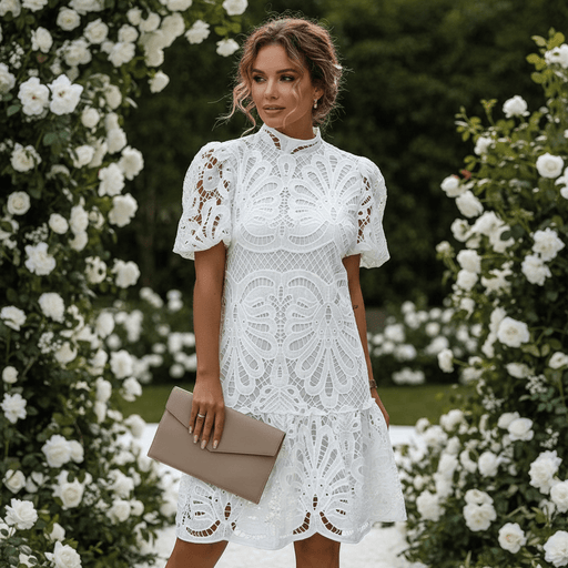 Delaila Lace Midi Dress – Women's Elegant Puff Sleeve Lace Evening Dress - Monsta Online