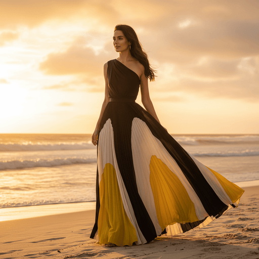 Wexley One - Shoulder Maxi Dress – Women's Asymmetric Pleated Colour - Block Dress - Monsta Online