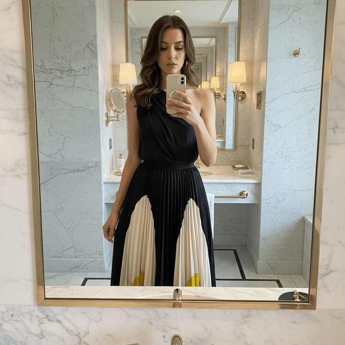 Wexley One - Shoulder Maxi Dress – Women's Asymmetric Pleated Colour - Block Dress - Monsta Online
