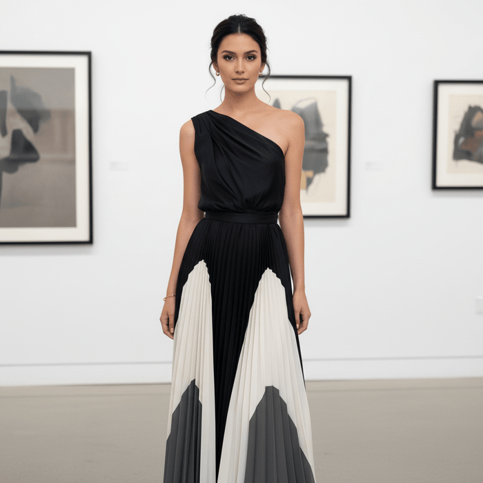 Wexley One - Shoulder Maxi Dress – Women's Asymmetric Pleated Colour - Block Dress - Monsta Online