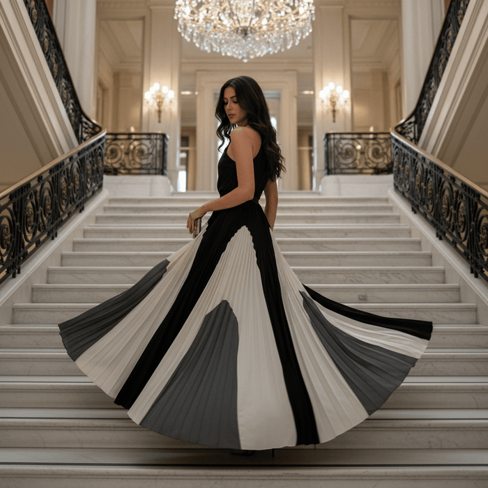 Wexley One - Shoulder Maxi Dress – Women's Asymmetric Pleated Colour - Block Dress - Monsta Online