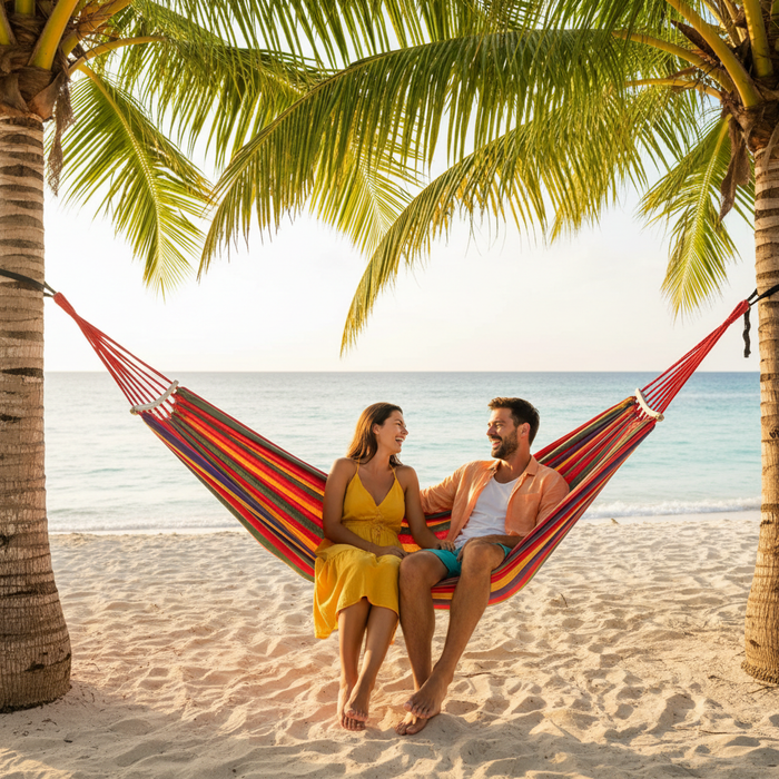 Luxury Canvas Double Hammock – Anti - Roll Design with Curved Wooden Spreader Bars & Carry Bag - Monsta Online