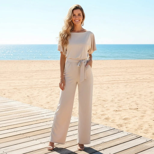Women's Solid Color Jumpsuit – Flattering Elastic Waist, Breathable Fabric - Monsta Online