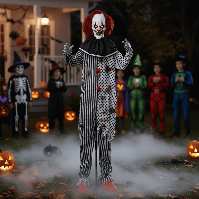 6ft Sound - Activated Animated Creepy Standing Clown Prop - Creepy Sounds, Glowing LED Eyes - Monsta Online