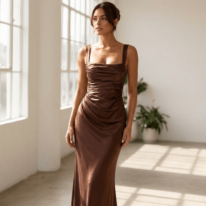 Vivienne Ruched Satin Maxi Dress Set – Women's Square Neck Wedding Guest Dress - Monsta Online