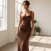 Vivienne Ruched Satin Maxi Dress Set – Women's Square Neck Wedding Guest Dress - Monsta Online
