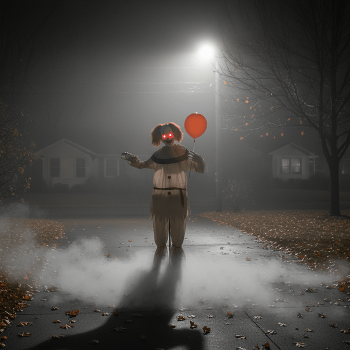 5.7ft Sound - Activated Animatronic Clown with Balloon – Creepy Talking with Red Eyes and Shaking Head - Monsta Online