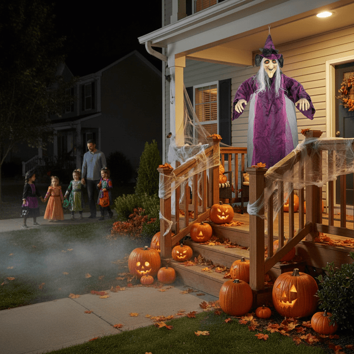 5.9ft Sound - Activated Hanging Witch with Light - Up Eyes and Creepy Voice - Monsta Online