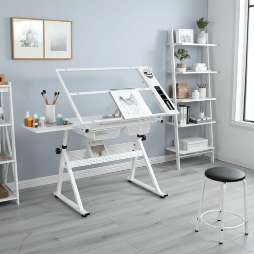 Sleek White Tempered Glass Drafting Table with Adjustable Features and Chair - Monsta Online