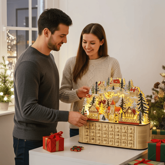 Wooden Christmas Advent Calendar Arched - Top with LED Lights and 24 Countdown Drawers - Monsta Online