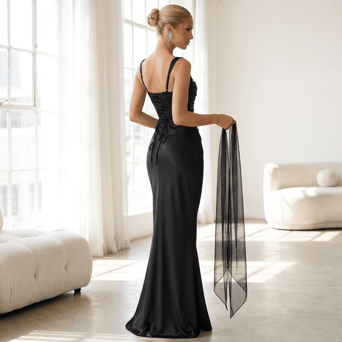Vivienne Ruched Satin Maxi Dress Set – Women's Square Neck Wedding Guest Dress - Monsta Online