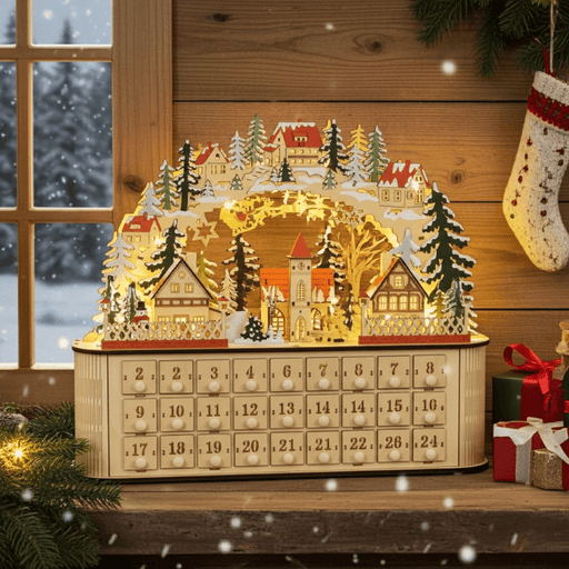 Wooden Christmas Advent Calendar Arched - Top with LED Lights and 24 Countdown Drawers - Monsta Online
