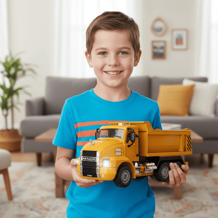 Premium 1:26 Scale Mack RC Dump Truck Toy for Kids - Remote Control Construction with Lights - Monsta Online