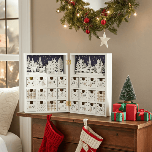 Christmas Countdown Calendar Wooden Book with 24 Fillable Drawers Holiday Décor - Monsta Online