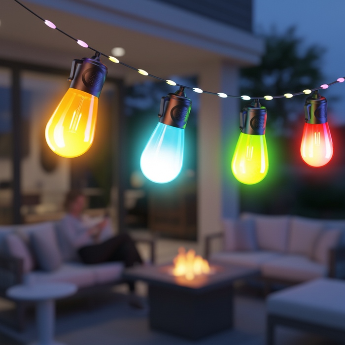Colorful string lights hanging above a patio with people sitting around a fire pit.