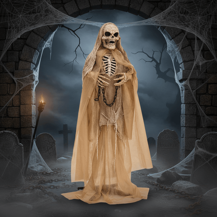 5.6ft Sound - Activated Animatronic Halloween Skeleton - Moveable Hands and Creepy Sounds - Monsta Online